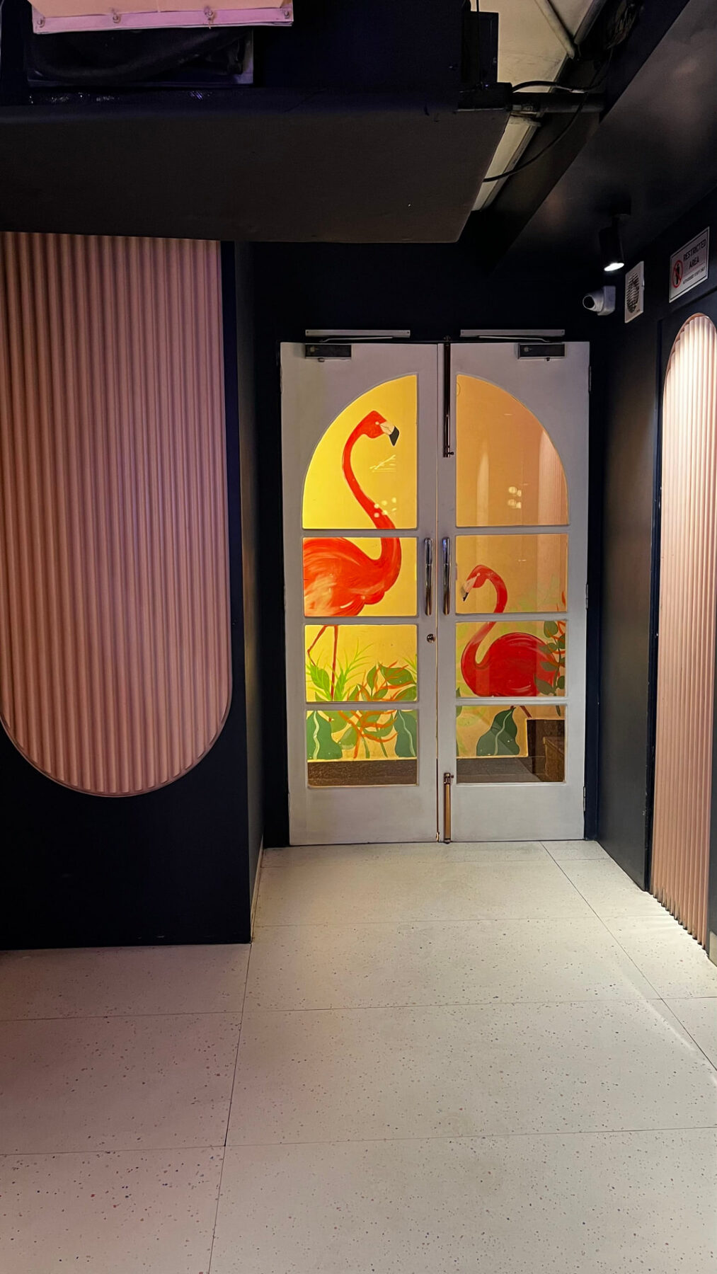 Hand-painted flamingo glass entrance doors at The Bellrocc, Patiala